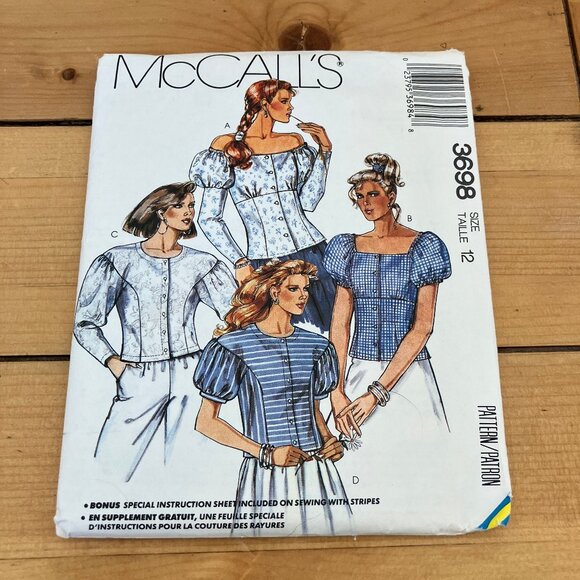 Square Neck Puff Sleeve Blouse Sewing Pattern McCall's 3698 Size 12 Vintage 80s - Picture 1 of 3